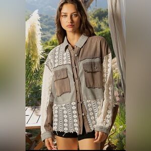 Oversized lace crochet collared button down shirt, Dusty Grey, size large